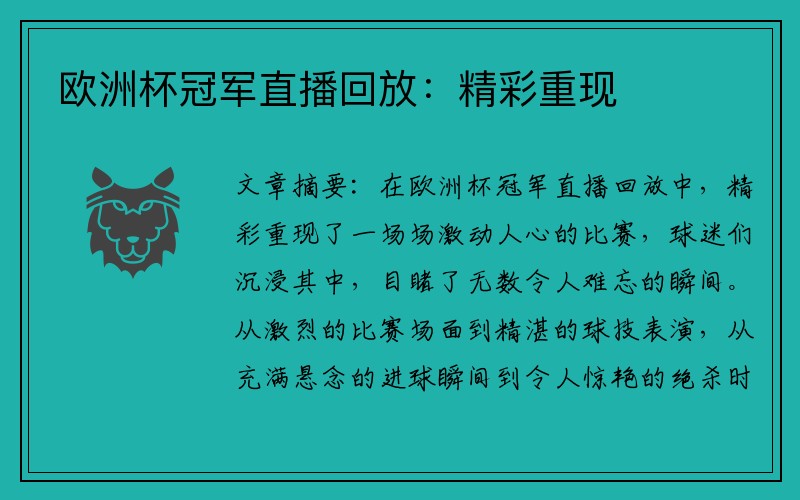 欧洲杯冠军直播回放：精彩重现
